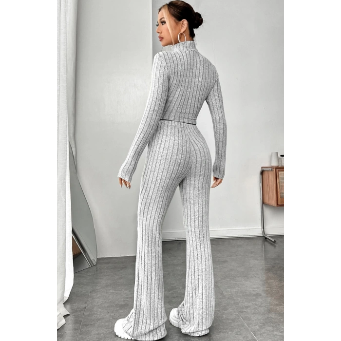 MARSiLYAN- Kadın Gri Çizgili Boğazlı Crop Top ve Yüksek Bel Pantolon Takım