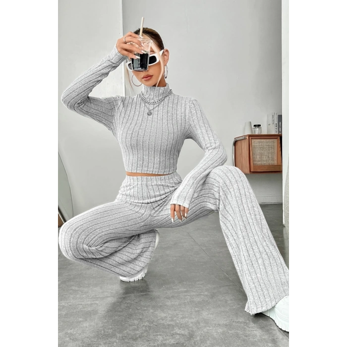 MARSiLYAN- Kadın Gri Çizgili Boğazlı Crop Top ve Yüksek Bel Pantolon Takım