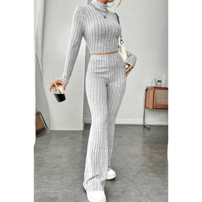 MARSiLYAN- Kadın Gri Çizgili Boğazlı Crop Top ve Yüksek Bel Pantolon Takım