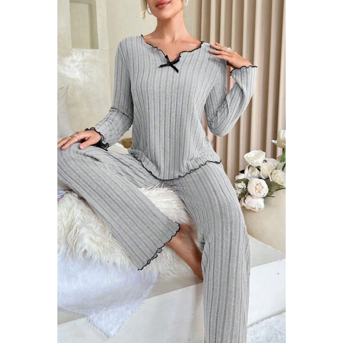 MARSiLYAN- Kadın Gri Çizgili Uzun Kollu Fiyonk Detaylı Pijama Takımı Rahat Mevsimlik
