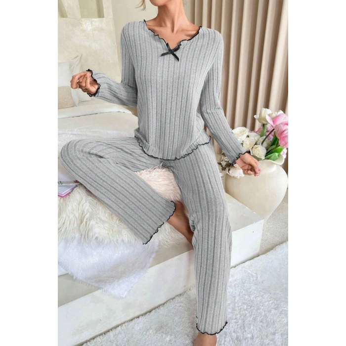 MARSiLYAN- Kadın Gri Çizgili Uzun Kollu Fiyonk Detaylı Pijama Takımı Rahat Mevsimlik