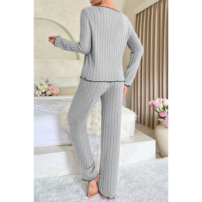 MARSiLYAN- Kadın Gri Çizgili Uzun Kollu Fiyonk Detaylı Pijama Takımı Rahat Mevsimlik