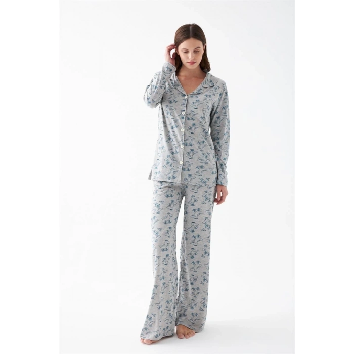 MARSiLYAN- Kadın Gri Desenli Düğmeli Pamuklu Pijama Takımı