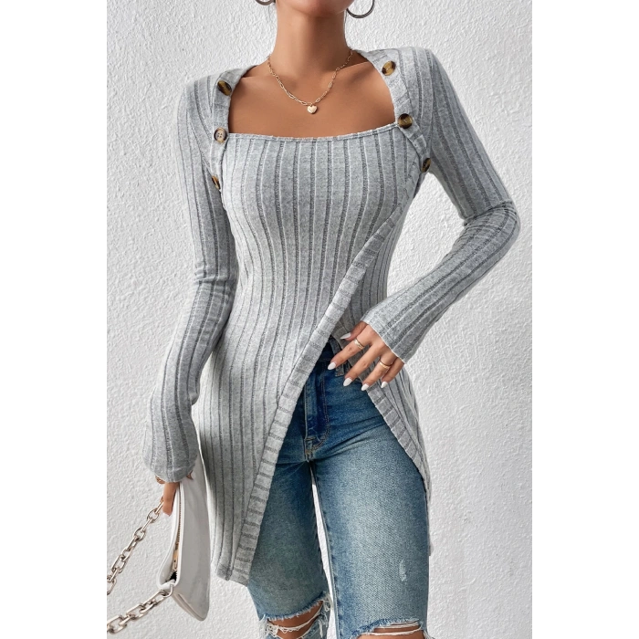 MARSiLYAN- Kadın Gri Düğme Detaylı Kare Yaka Fitilli Asimetrik Etekli Uzun Kollu Bluz