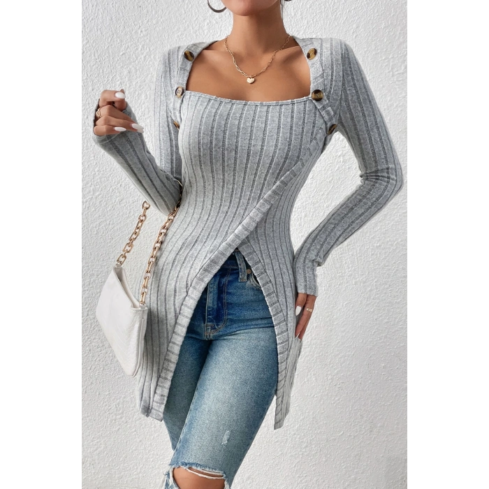 MARSiLYAN- Kadın Gri Düğme Detaylı Kare Yaka Fitilli Asimetrik Etekli Uzun Kollu Bluz