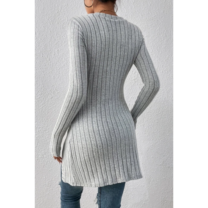 MARSiLYAN- Kadın Gri Düğme Detaylı Kare Yaka Fitilli Asimetrik Etekli Uzun Kollu Bluz