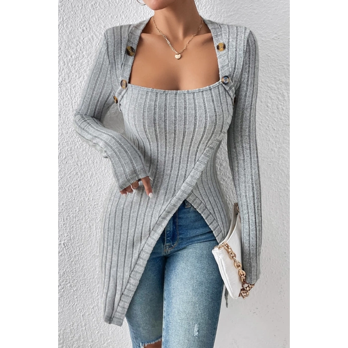 MARSiLYAN- Kadın Gri Düğme Detaylı Kare Yaka Fitilli Asimetrik Etekli Uzun Kollu Bluz