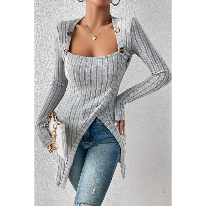 MARSiLYAN- Kadın Gri Düğme Detaylı Kare Yaka Fitilli Asimetrik Etekli Uzun Kollu Bluz