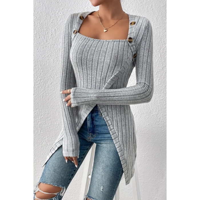 MARSiLYAN- Kadın Gri Düğme Detaylı Kare Yaka Fitilli Asimetrik Etekli Uzun Kollu Bluz