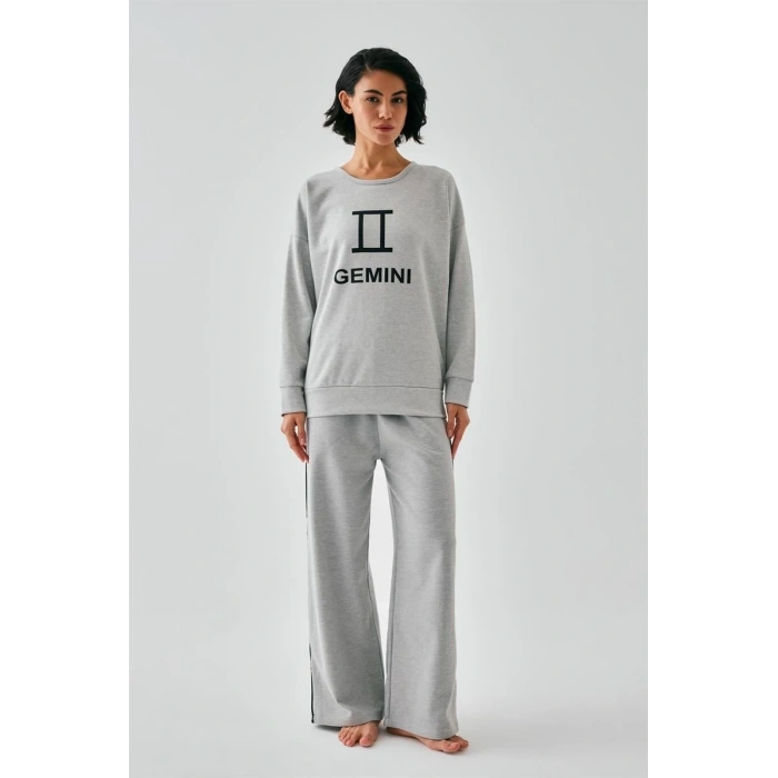 MARSiLYAN- Kadın Gri İkizler Burcu Oversize 2 İplik Eşofman Ev Giyim Takımı