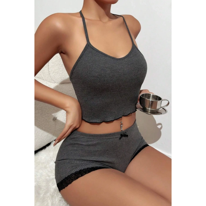 MARSiLYAN- Kadın Gri Kaşkorse Sırt ve Bacak Kısmı Dantel Detaylı Şortlu Gecelik Takım