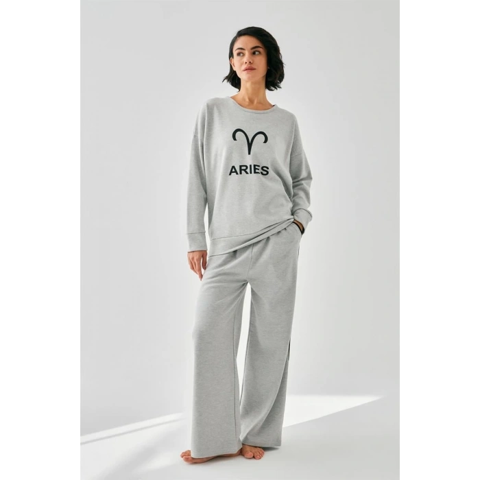 MARSiLYAN- Kadın Gri Koç Burcu Oversize 2 İplik Eşofman Ev Giyim Takımı