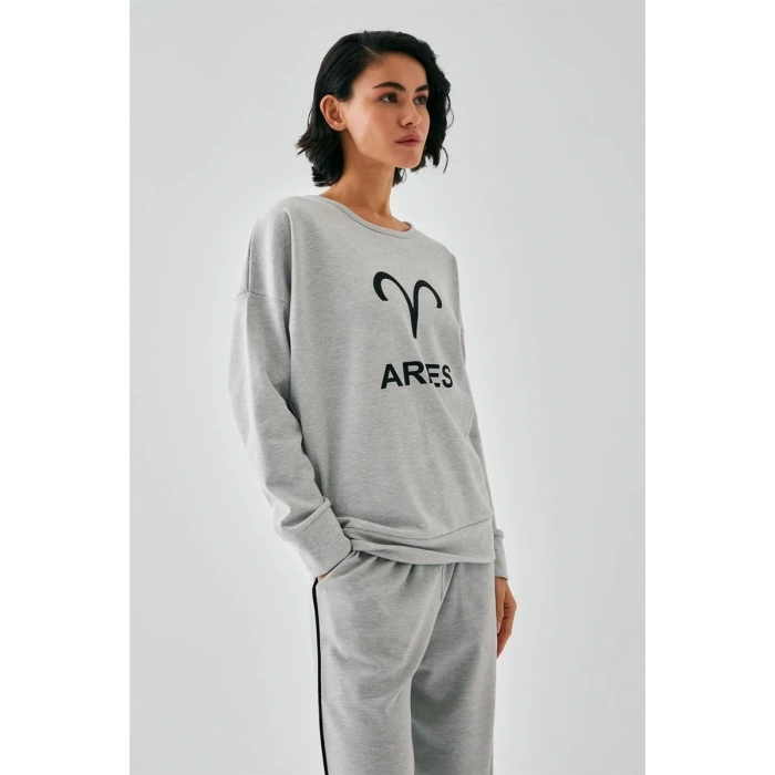 MARSiLYAN- Kadın Gri Koç Burcu Oversize 2 İplik Eşofman Ev Giyim Takımı