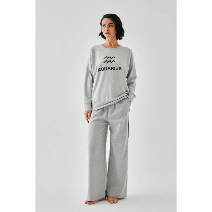 MARSiLYAN- Kadın Gri Kova Burcu Oversize 2 İplik Eşofman Ev Giyim Takımı
