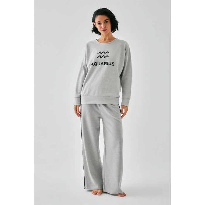 MARSiLYAN- Kadın Gri Kova Burcu Oversize 2 İplik Eşofman Ev Giyim Takımı