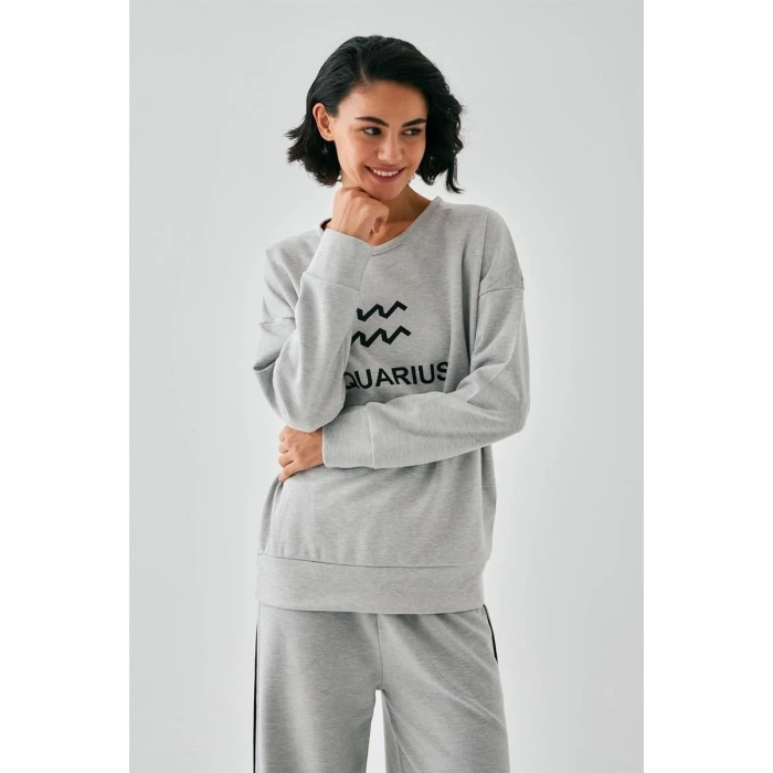 MARSiLYAN- Kadın Gri Kova Burcu Oversize 2 İplik Eşofman Ev Giyim Takımı