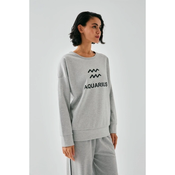 MARSiLYAN- Kadın Gri Kova Burcu Oversize 2 İplik Eşofman Ev Giyim Takımı