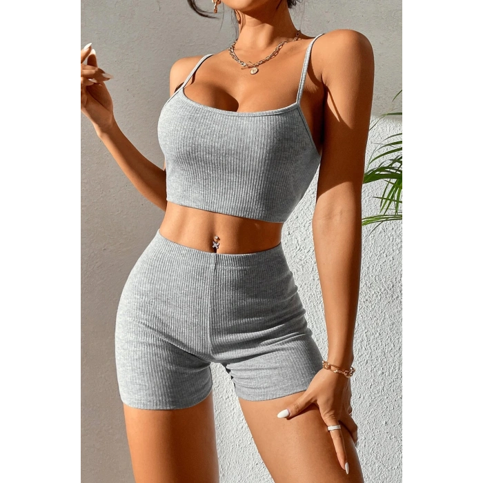 MARSiLYAN- Kadın Gri Melanj Şortlu Kaşkorse Gecelik Takım