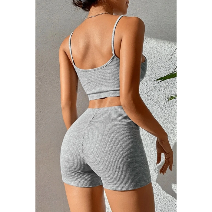 MARSiLYAN- Kadın Gri Melanj Şortlu Kaşkorse Gecelik Takım