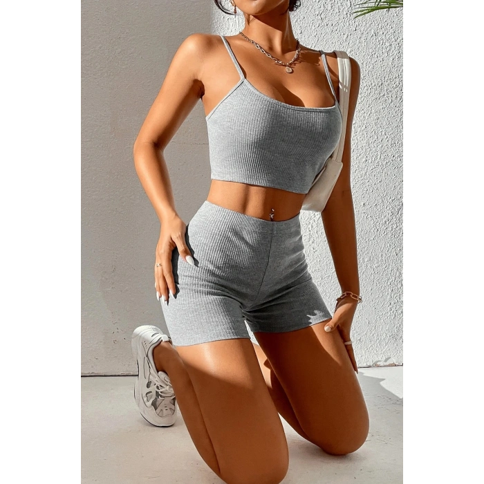 MARSiLYAN- Kadın Gri Melanj Şortlu Kaşkorse Gecelik Takım