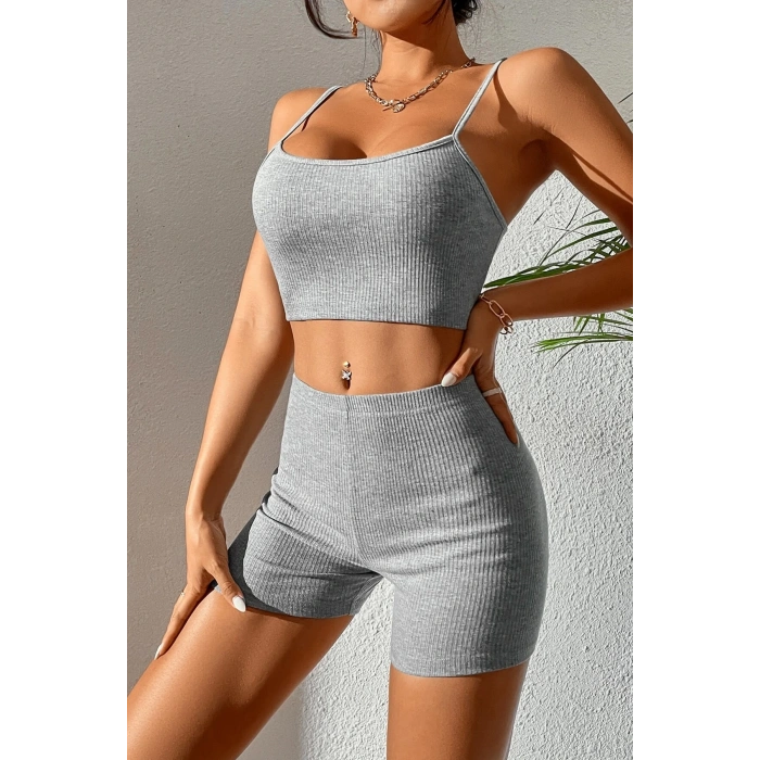 MARSiLYAN- Kadın Gri Melanj Şortlu Kaşkorse Gecelik Takım