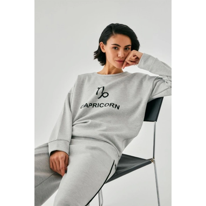 MARSiLYAN- Kadın Gri Oğlak Burcu Oversize 2 İplik Eşofman Ev Giyim Takımı