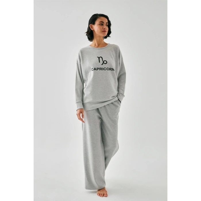 MARSiLYAN- Kadın Gri Oğlak Burcu Oversize 2 İplik Eşofman Ev Giyim Takımı