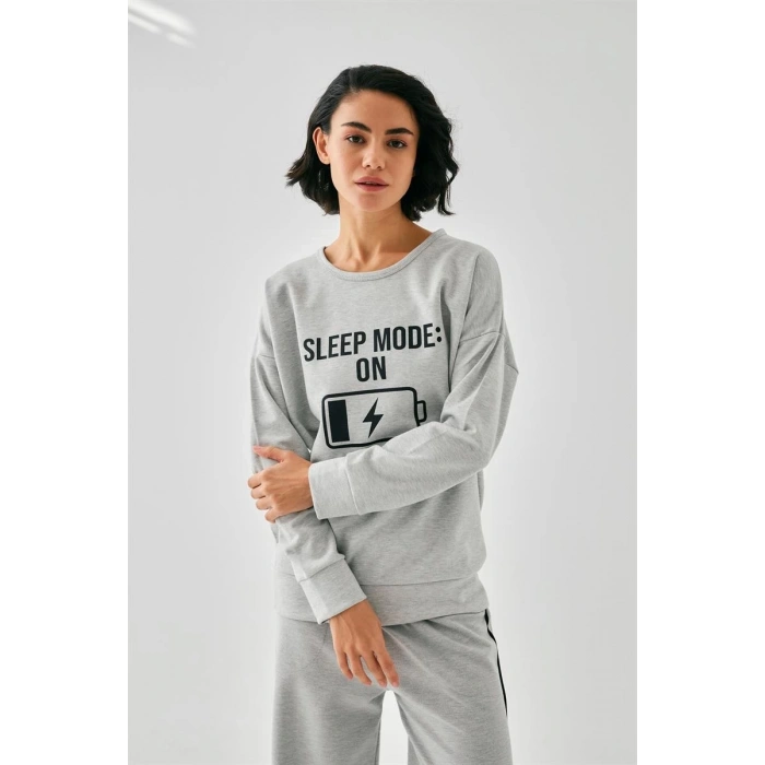 MARSiLYAN- Kadın Gri Sleep Mode ON Oversize 2 İplik Eşofman Ev Giyim Takımı