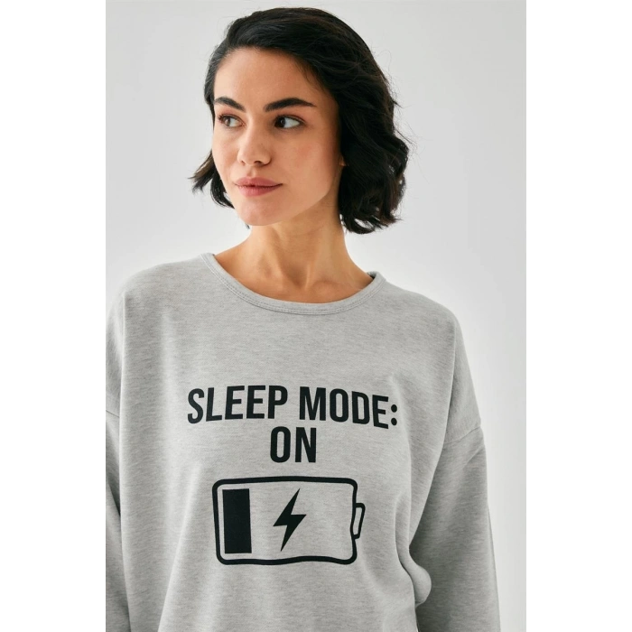 MARSiLYAN- Kadın Gri Sleep Mode ON Oversize 2 İplik Eşofman Ev Giyim Takımı