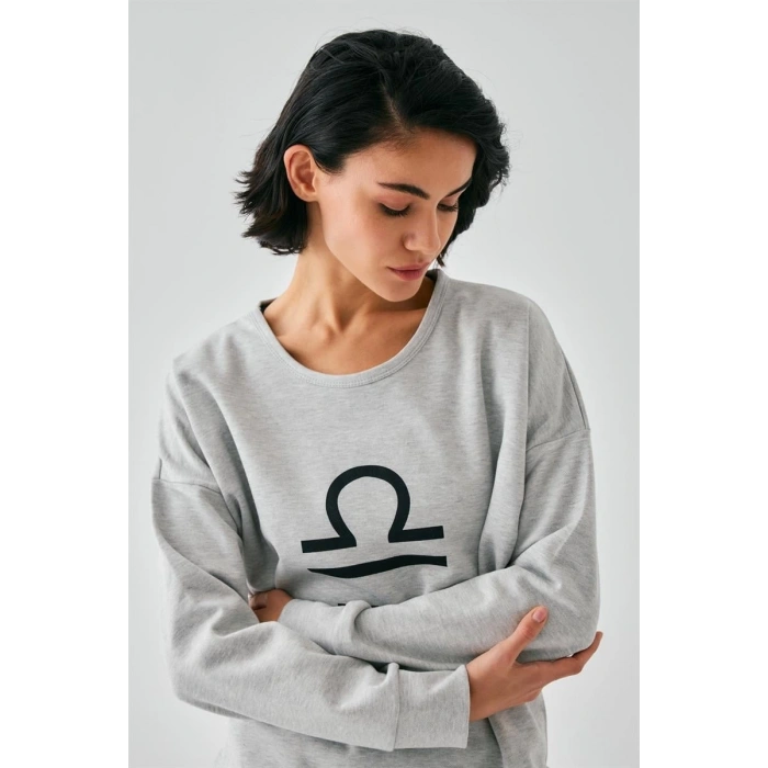 MARSiLYAN- Kadın Gri Terazi Burcu Oversize 2 İplik Eşofman Ev Giyim Takımı