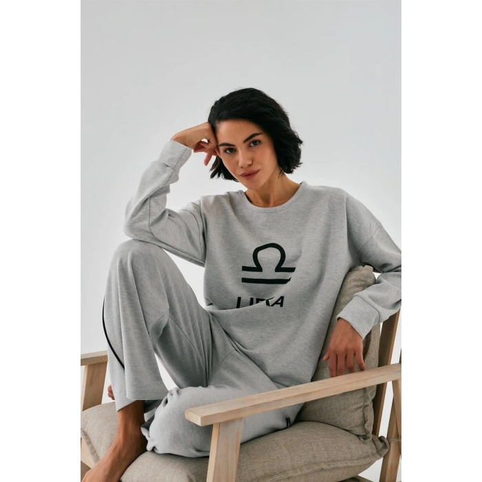 MARSiLYAN- Kadın Gri Terazi Burcu Oversize 2 İplik Eşofman Ev Giyim Takımı