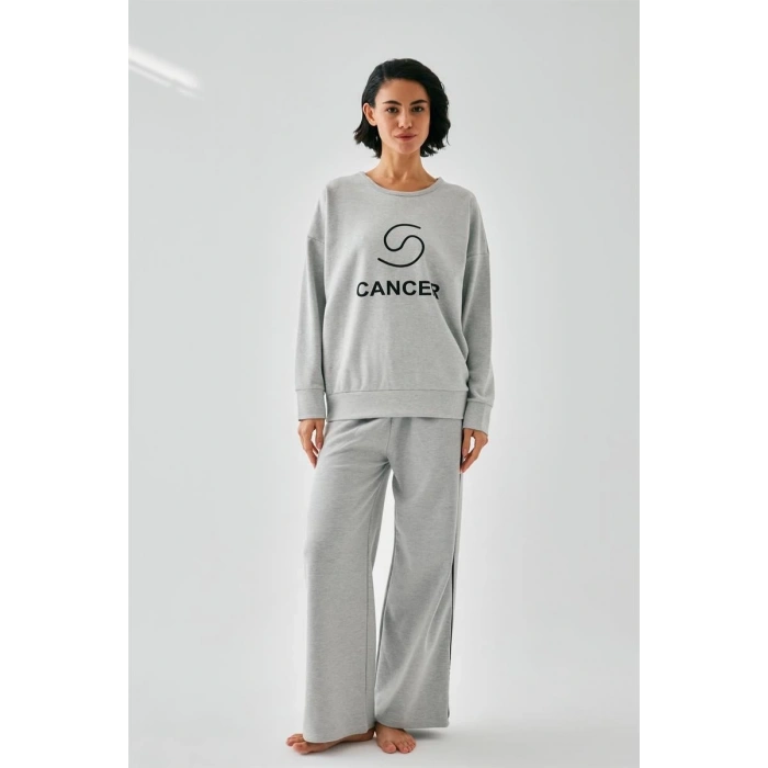 MARSiLYAN- Kadın Gri Yengeç Burcu Oversize 2 İplik Eşofman Ev Giyim Takımı