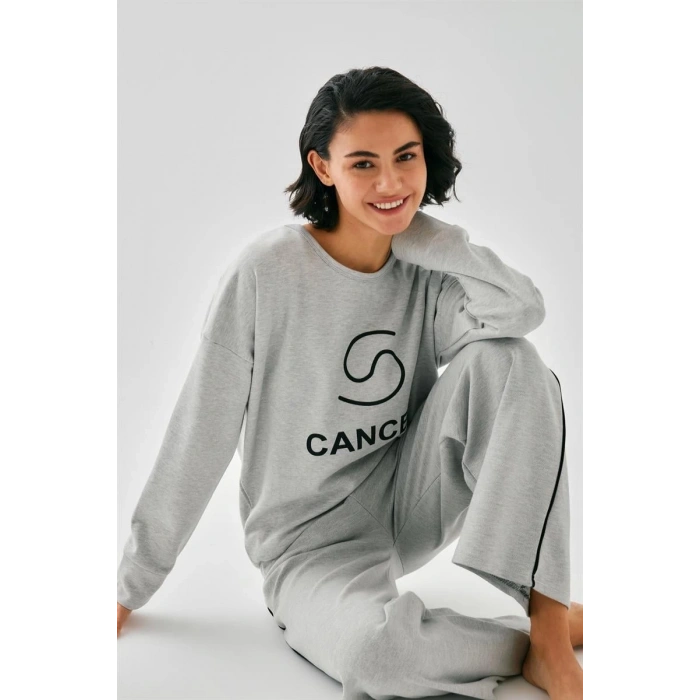 MARSiLYAN- Kadın Gri Yengeç Burcu Oversize 2 İplik Eşofman Ev Giyim Takımı