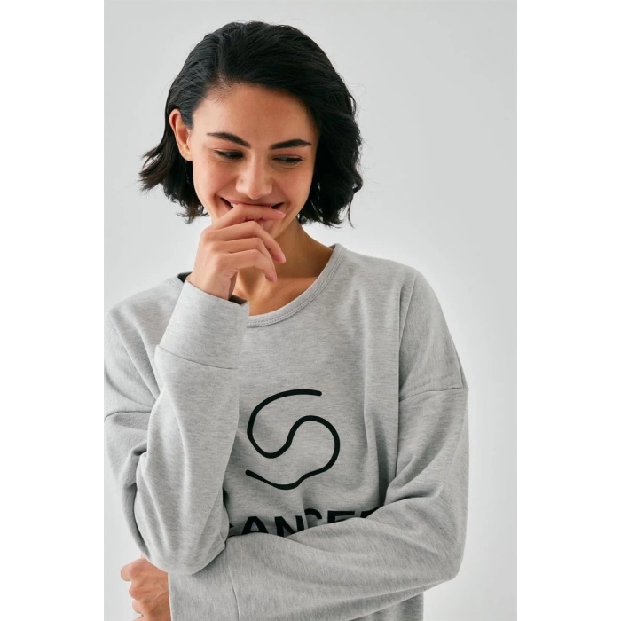 MARSiLYAN- Kadın Gri Yengeç Burcu Oversize 2 İplik Eşofman Ev Giyim Takımı