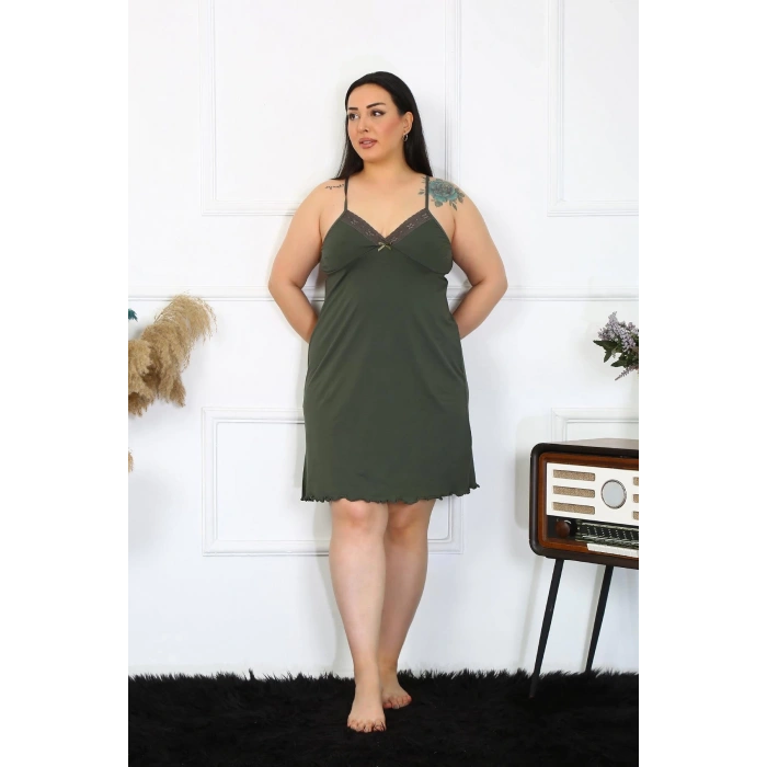 MARSiLYAN- Kadın Haki Pamuklu İp Askılı Büyük Beden Gecelik