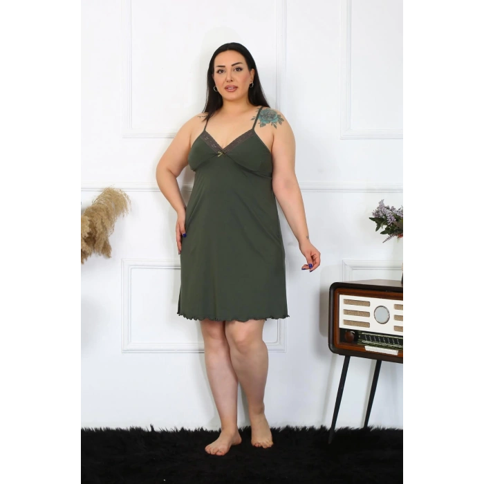 MARSiLYAN- Kadın Haki Pamuklu İp Askılı Büyük Beden Gecelik