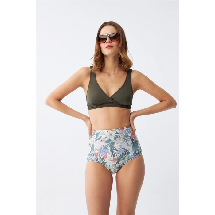 MARSiLYAN- Kadın Haki Pedli Üst ve Yüksek Bel Çiçek Desenli Bikini Takımı