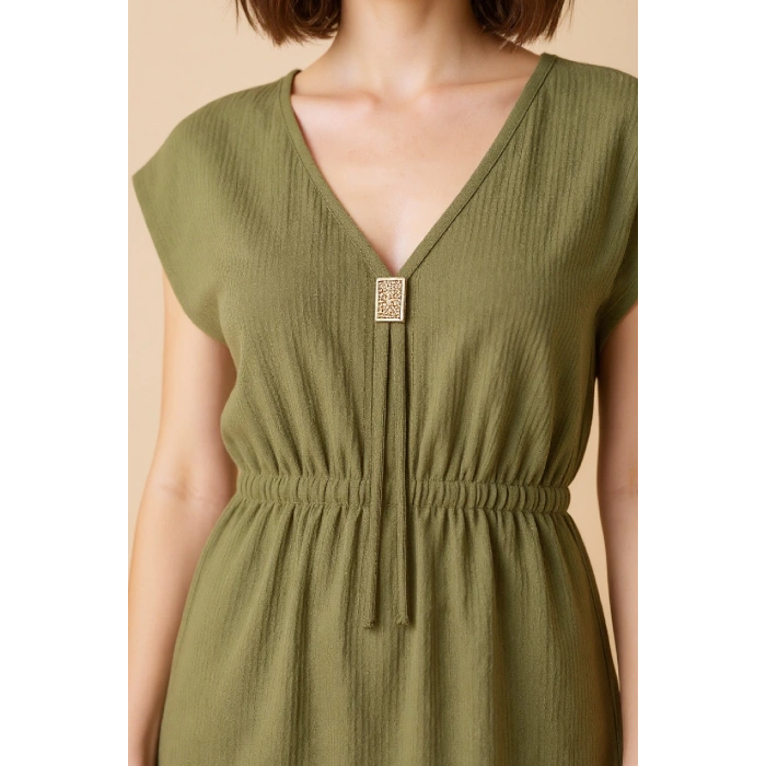 MARSiLYAN- Kadın Haki Yanları Yırtmaçlı Tokalı V Yaka Mini Plaj Elbisesi