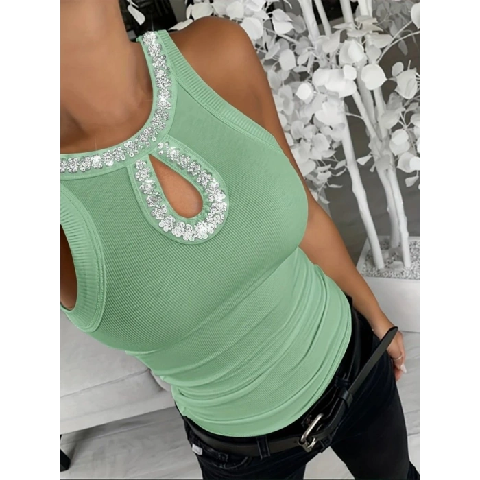 MARSiLYAN- Kadın Halter Kollu Yuvarlak Taşlı Yaka Damla Detaylı Kaşkorse Bluz