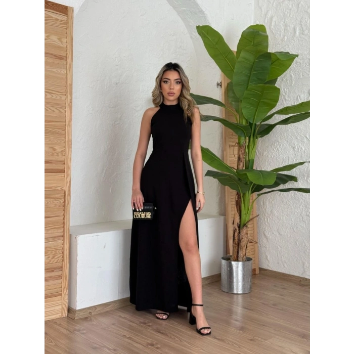 MARSiLYAN- Kadın Halter Yaka Derin Yırtmaç Detaylı Tam Boy Ithal Krep Abiye Elbise