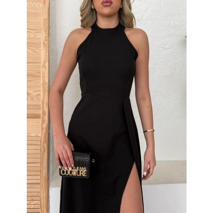 MARSiLYAN- Kadın Halter Yaka Derin Yırtmaç Detaylı Tam Boy Ithal Krep Abiye Elbise