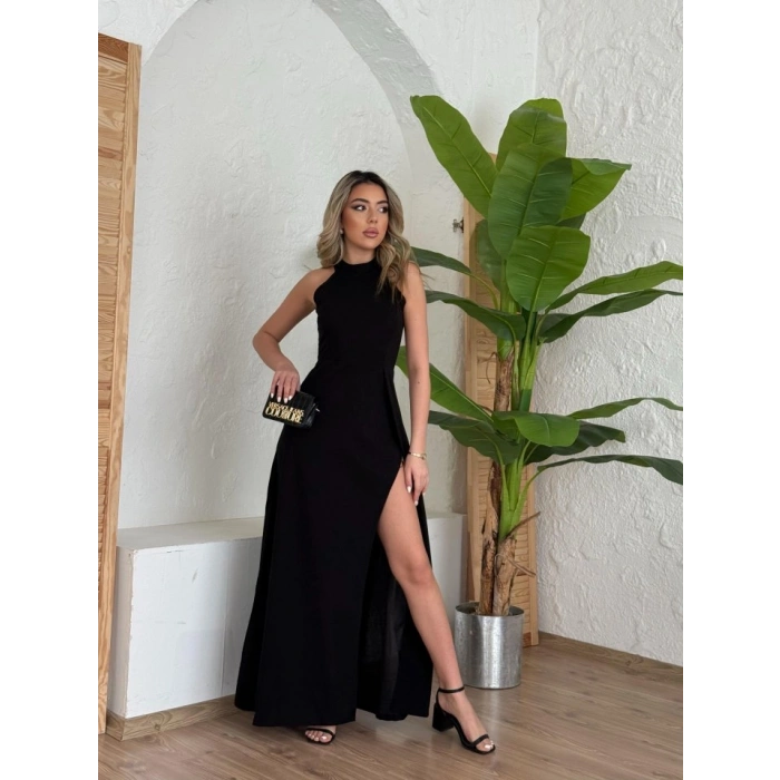 MARSiLYAN- Kadın Halter Yaka Derin Yırtmaç Detaylı Tam Boy Ithal Krep Abiye Elbise