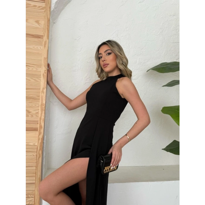 MARSiLYAN- Kadın Halter Yaka Derin Yırtmaç Detaylı Tam Boy Ithal Krep Abiye Elbise