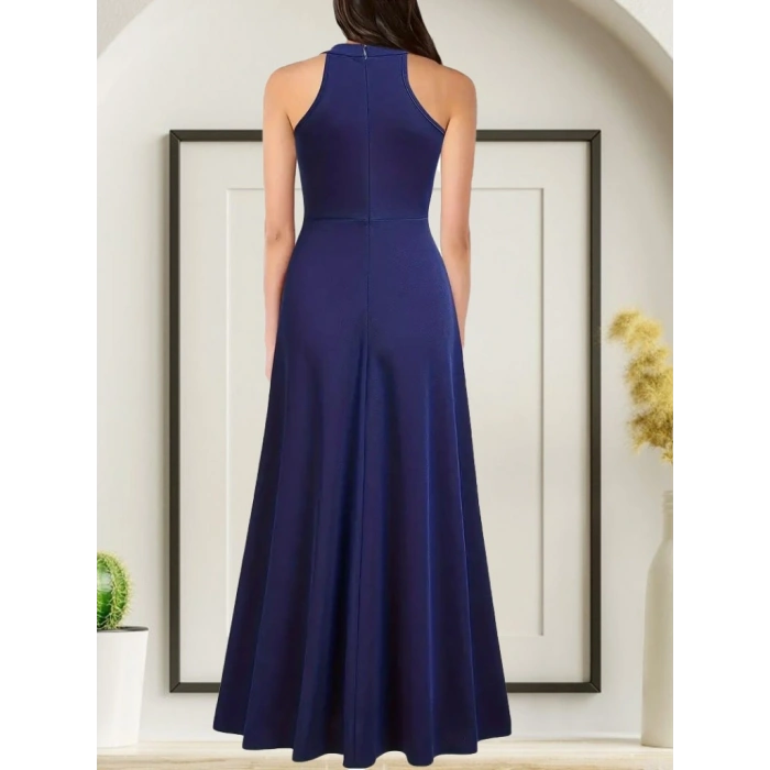 MARSiLYAN- Kadın Halter Yaka Derin Yırtmaç Detaylı Tam Boy Janjan Krep Abiye Elbise