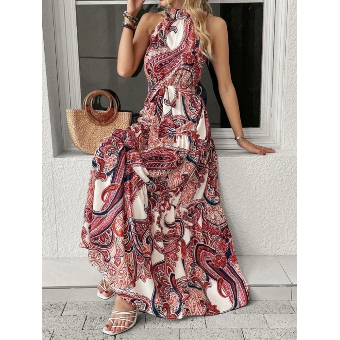 MARSiLYAN- Kadın Halter Yakalı Omuzlardan Açık Kuşaklı Maksi Boy Desenli Süprem Elbise