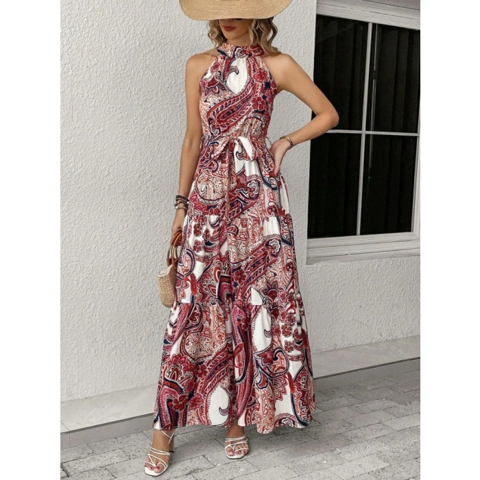 MARSiLYAN- Kadın Halter Yakalı Omuzlardan Açık Kuşaklı Maksi Boy Desenli Süprem Elbise