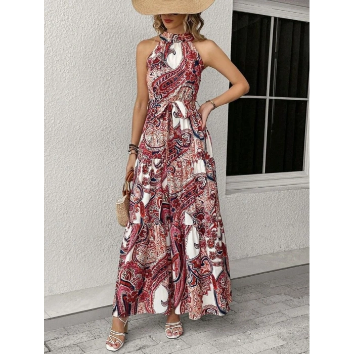 MARSiLYAN- Kadın Halter Yakalı Omuzlardan Açık Kuşaklı Maksi Boy Desenli Süprem Elbise