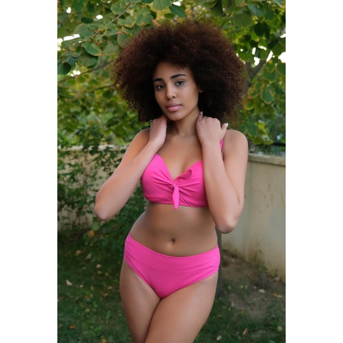 MARSiLYAN- Kadın İçi Boş Fiyonklu Kaplı Fuşya Alt Üst Bikini Takım