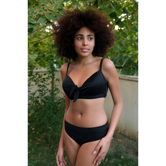 MARSiLYAN- Kadın İçi Boş Fiyonklu Kaplı Siyah Alt Üst Bikini Takım