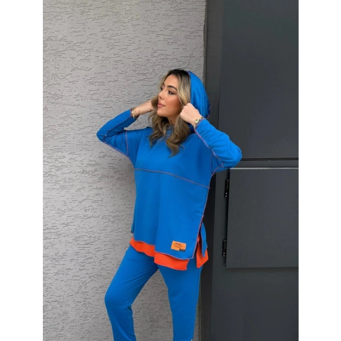 MARSiLYAN- Kadın Indigo Kapşonlu Etek Ucu Detay Arma Ters Dikiş Gorunumlu Ikili Takım